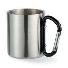 Stainless steel mug with carabiner handle.