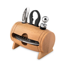 Wooden mini barrel with 4 wine accessories